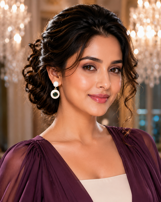 Model wearing Pearl White Enamel Emerald Drop Earrings with plum chiffon gown - front view chandelier