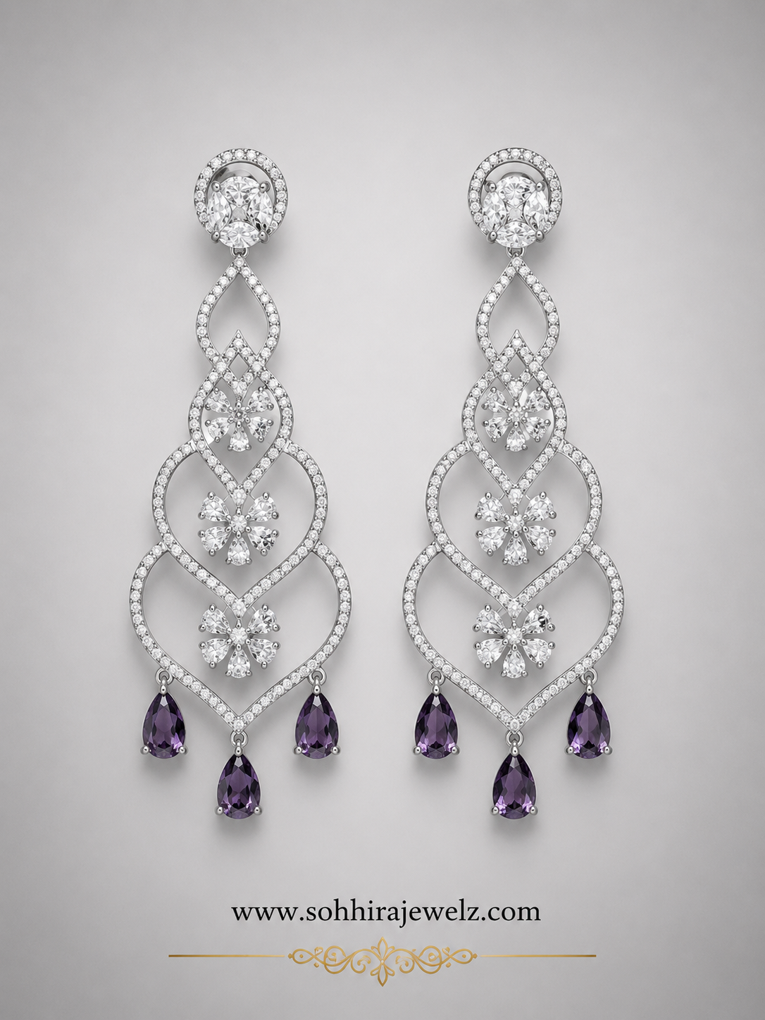 Model wearing Violet Reverie Diamond Chandelier Earrings - side profile with saree