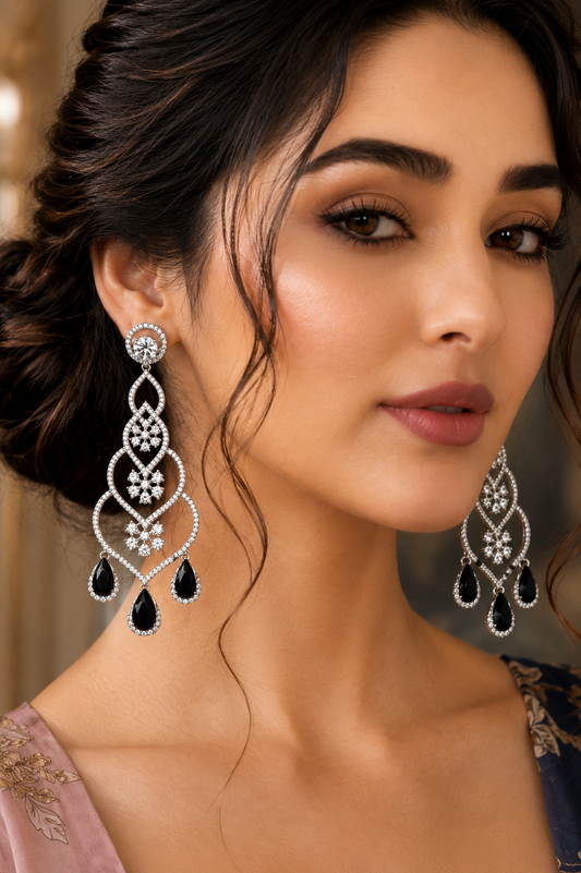 Model wearing Midnight Noir Diamond Chandelier Earrings - side profile