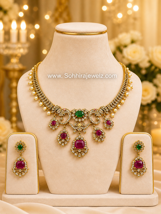 Meera Emerald Ruby Pearl Necklace