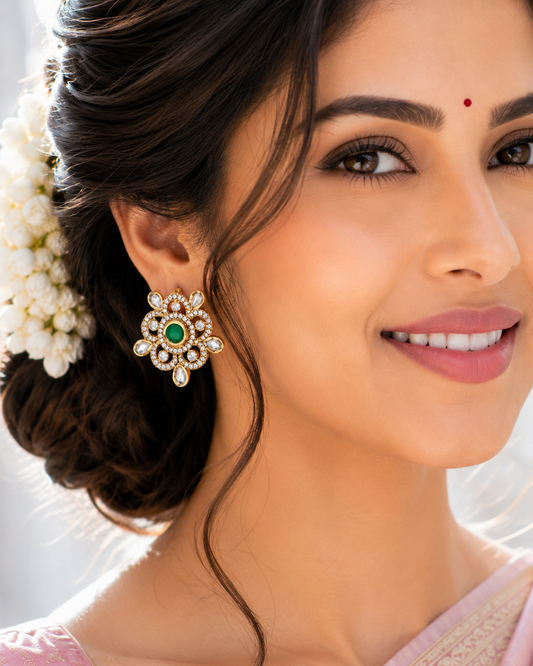 Emerald Blossom Polki Stud Earrings