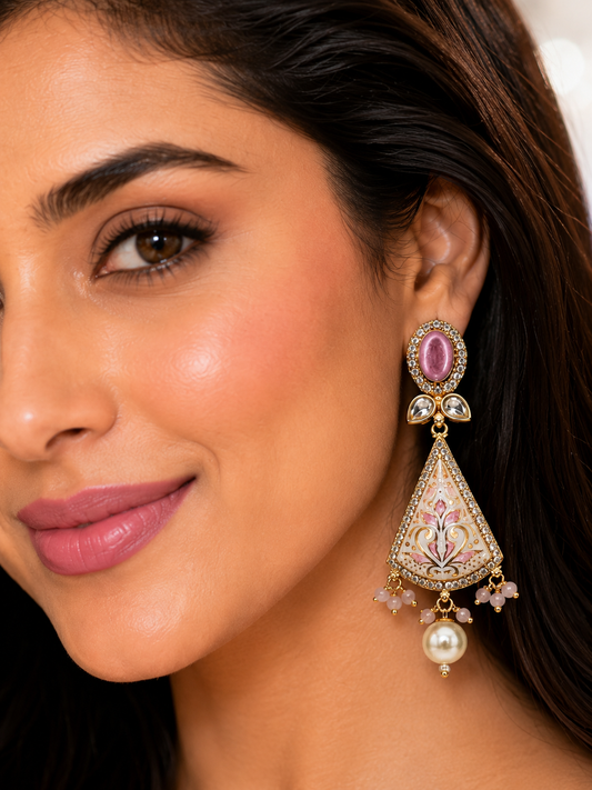Model wearing Gulbahar Meenakari Pearl Drop Earrings - close up side view