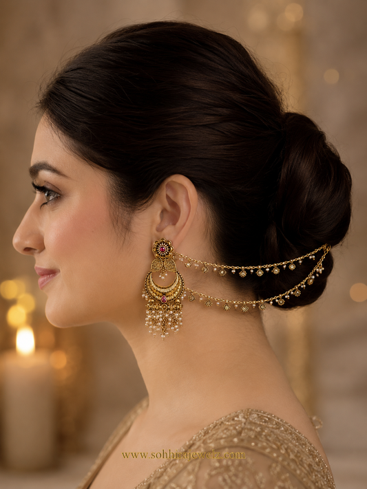 Pearl Chandbali Hair Chain Earrings
