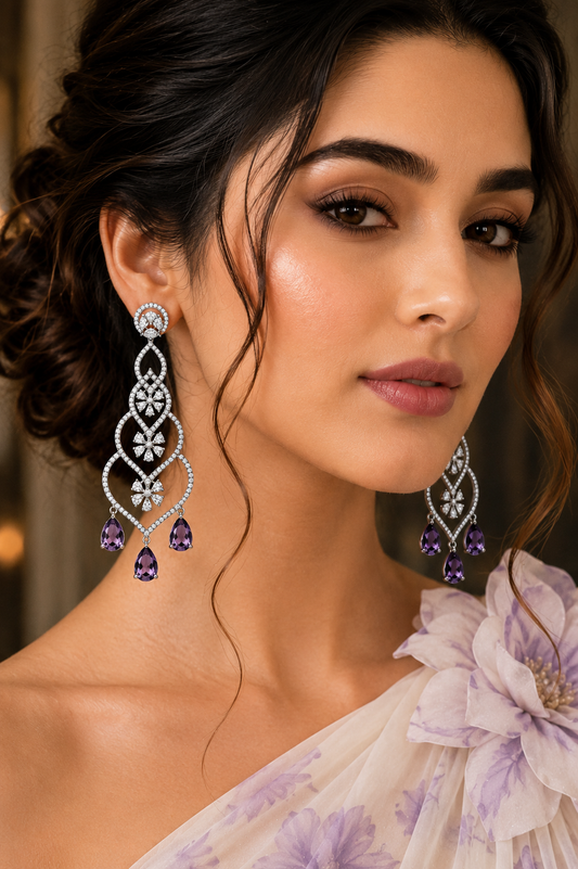 Violet Reverie Diamond Chandelier Earrings on luxury display stand