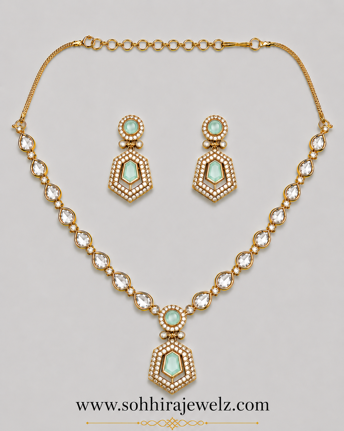 Mint Hexagon Crystal Pendant Set