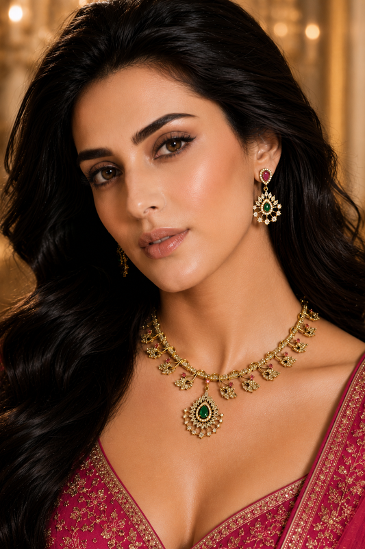 Emerald Ruby Gold Leaf Necklace