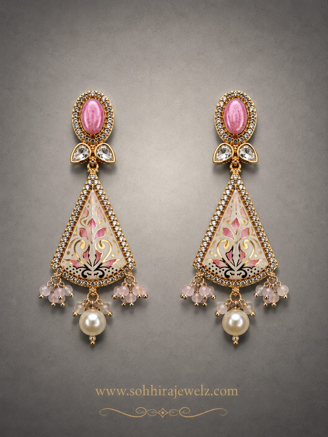 Gulbahar Meenakari Pearl Drop Earrings product flat lay on grey background