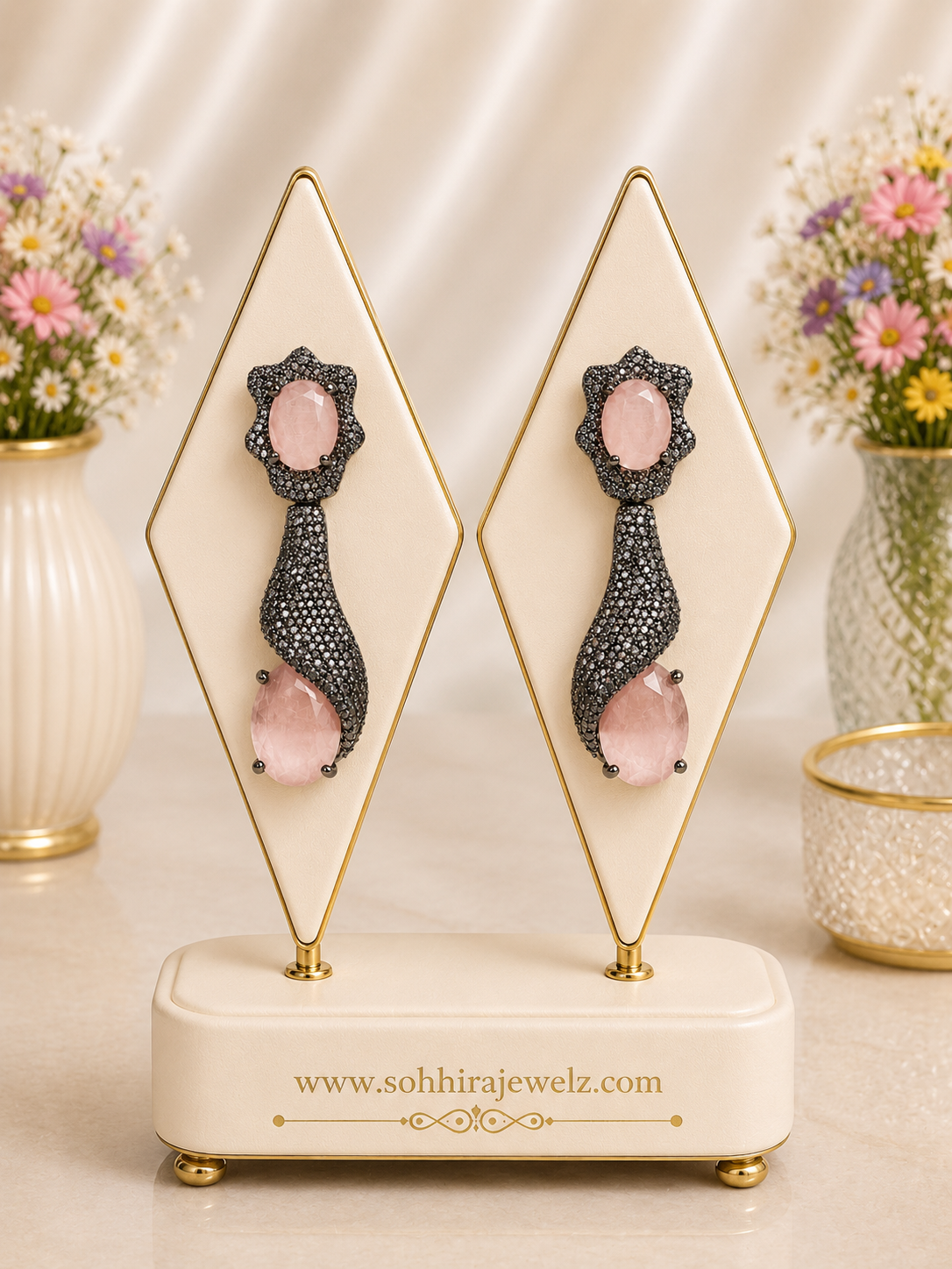 Rose Quartz Noir Drop Earrings