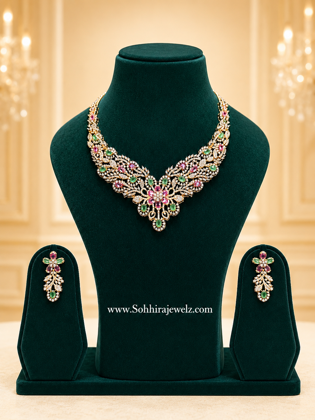 Floral Multicolour Diamond Necklace and Earring