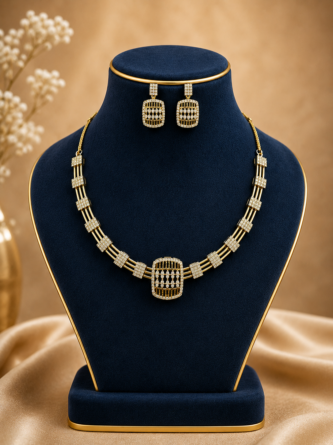 Golden Grid CZ  Diamond Necklace