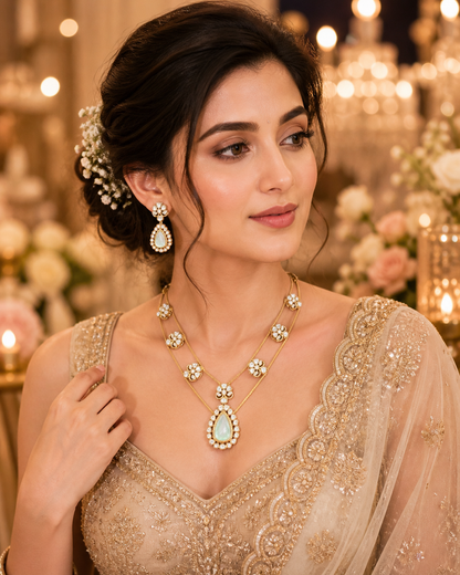 Moonstone Polki Double Layer Necklace & Earring Set