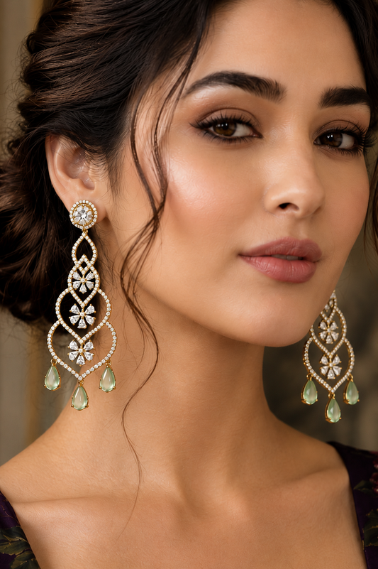 Model wearing Mint Blossom Diamond Chandelier Earrings - close up front view