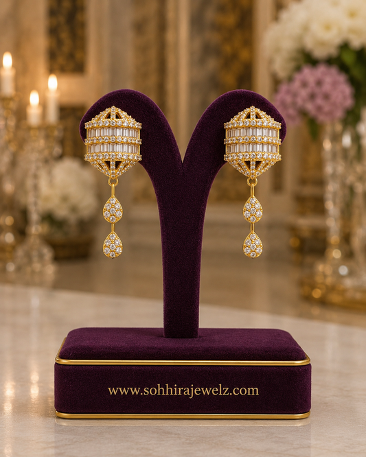 Diamond Lantern Necklace Set matching earrings on purple velvet Y-stand close up