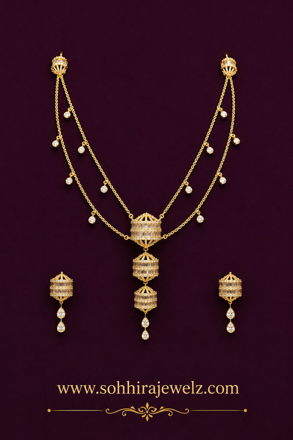 Diamond Lantern Necklace Set on purple velvet display - dark background product shot