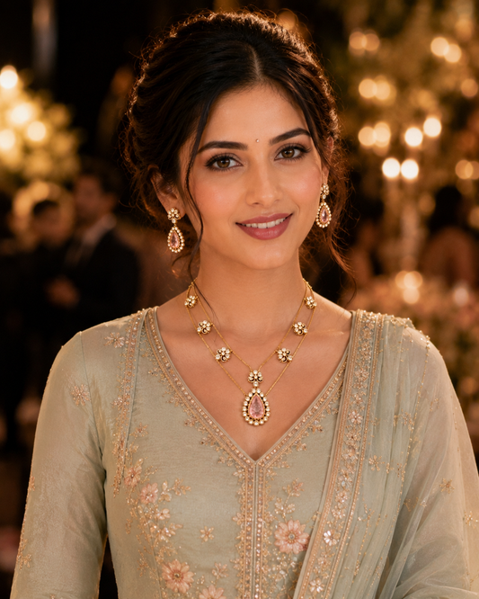 Rose Quartz Kundan Double Layer Necklace.