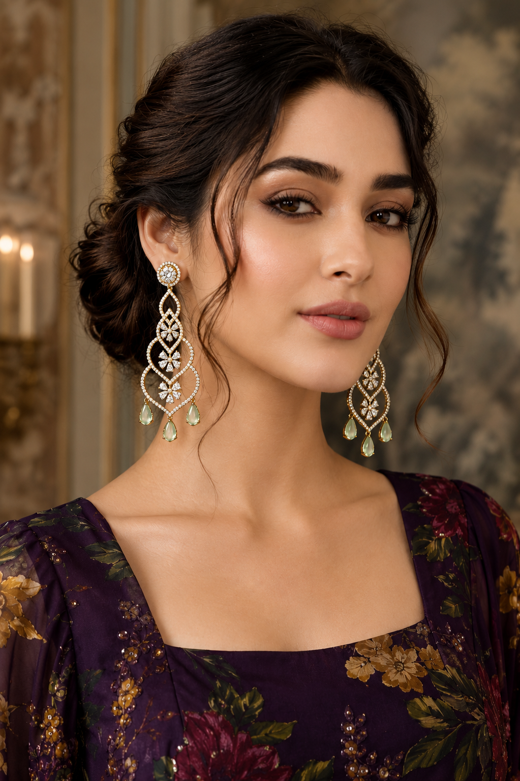 Model wearing Mint Blossom Diamond Chandelier Earrings with floral outfit - side view