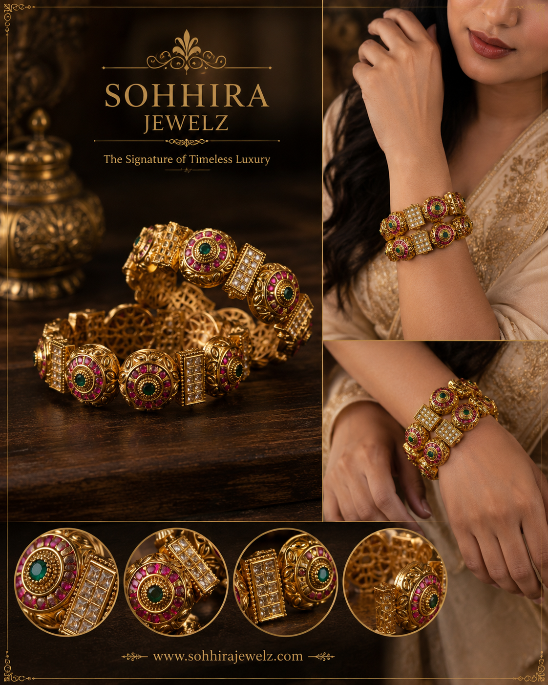 Ruby Emerald Antique Gold Bangle Set
