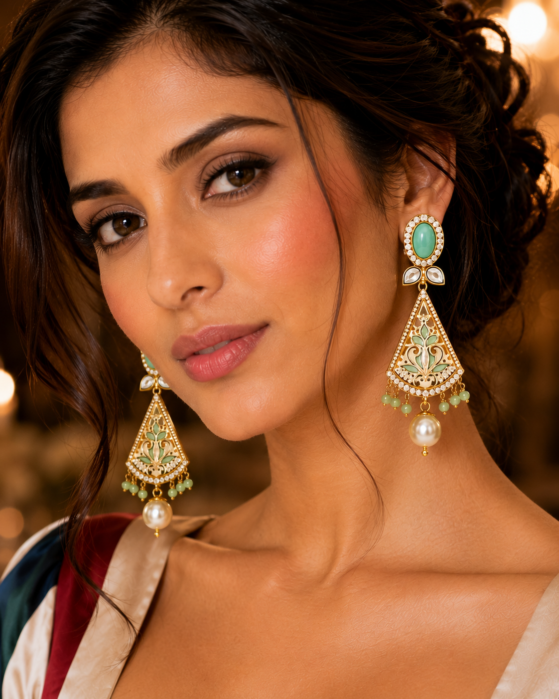 Model wearing Noorjahan Turquoise Meenakari Pearl Drop Earrings - close up front view