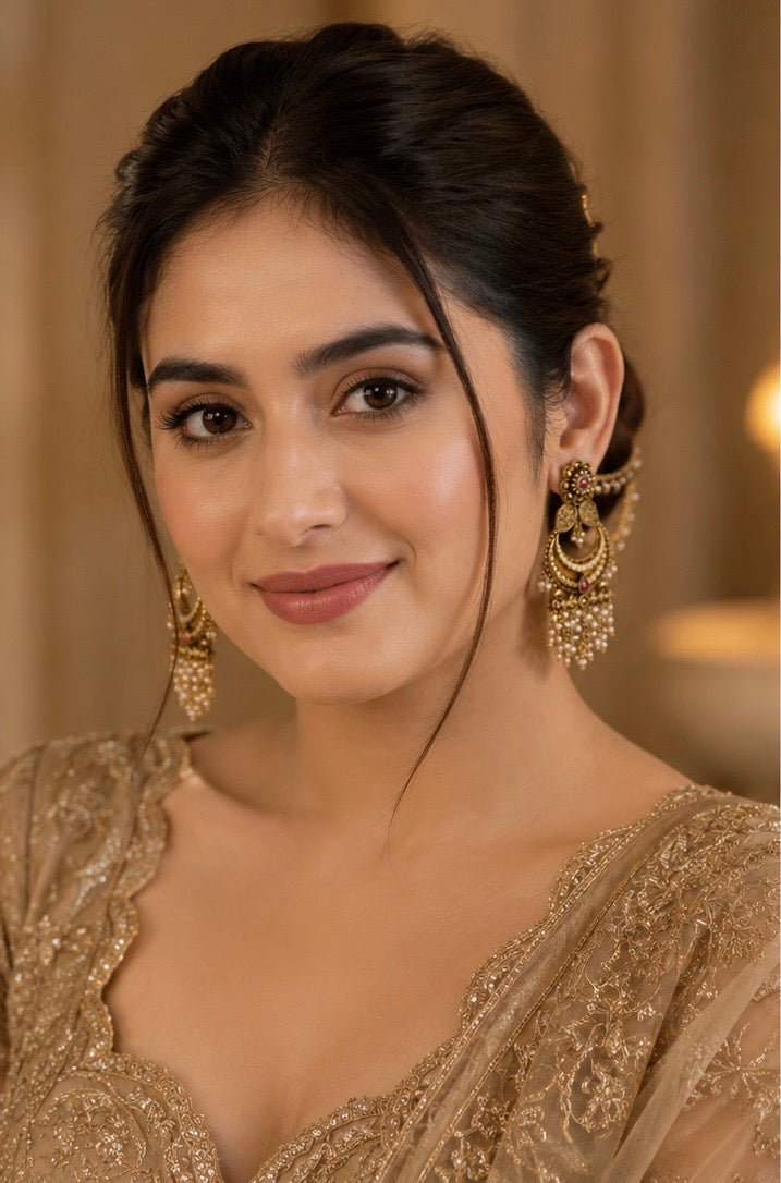 Pearl Chandbali Hair Chain Earrings