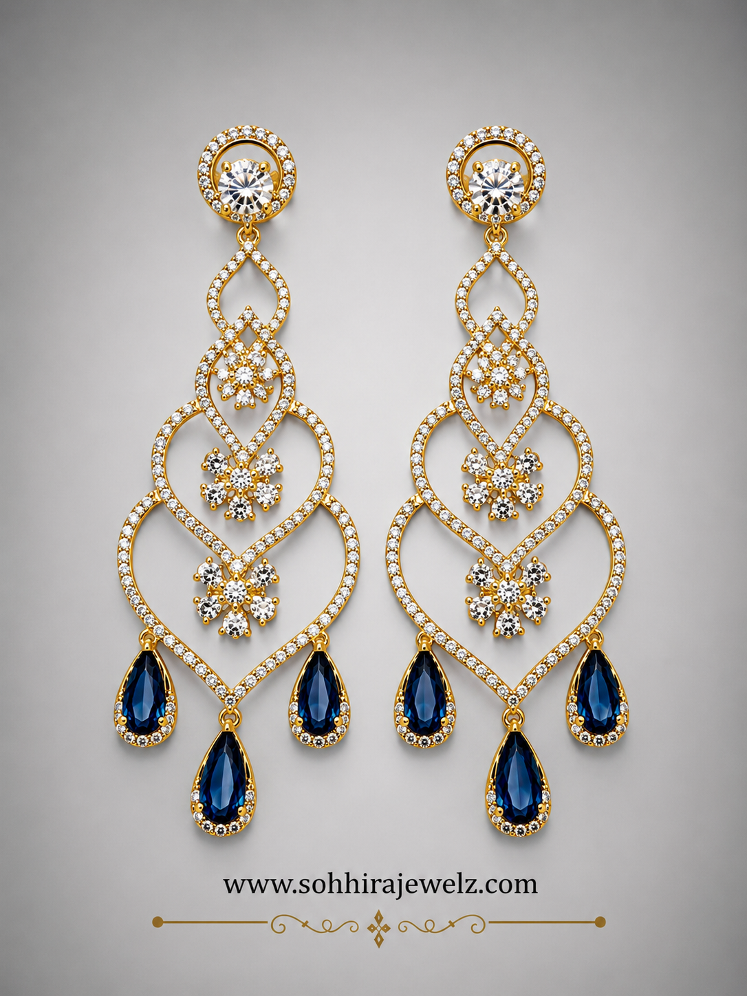 Royal Sapphire Diamond Chandelier Earrings - close up on model