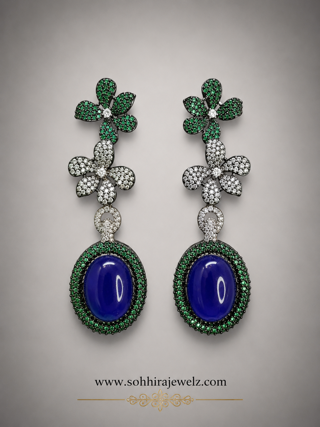 Royal Lapis Emerald Floral Drop Earrings product closeup on grey background