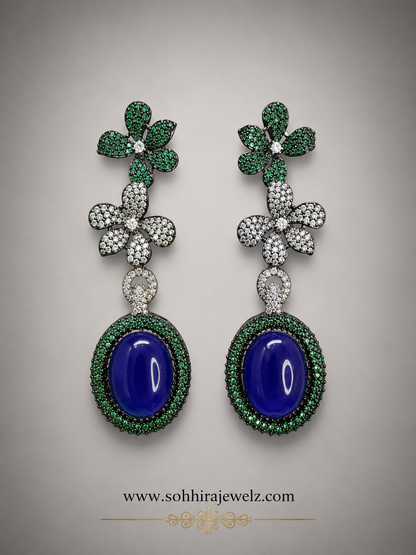 Royal Lapis Emerald Floral Drop Earrings product closeup on grey background