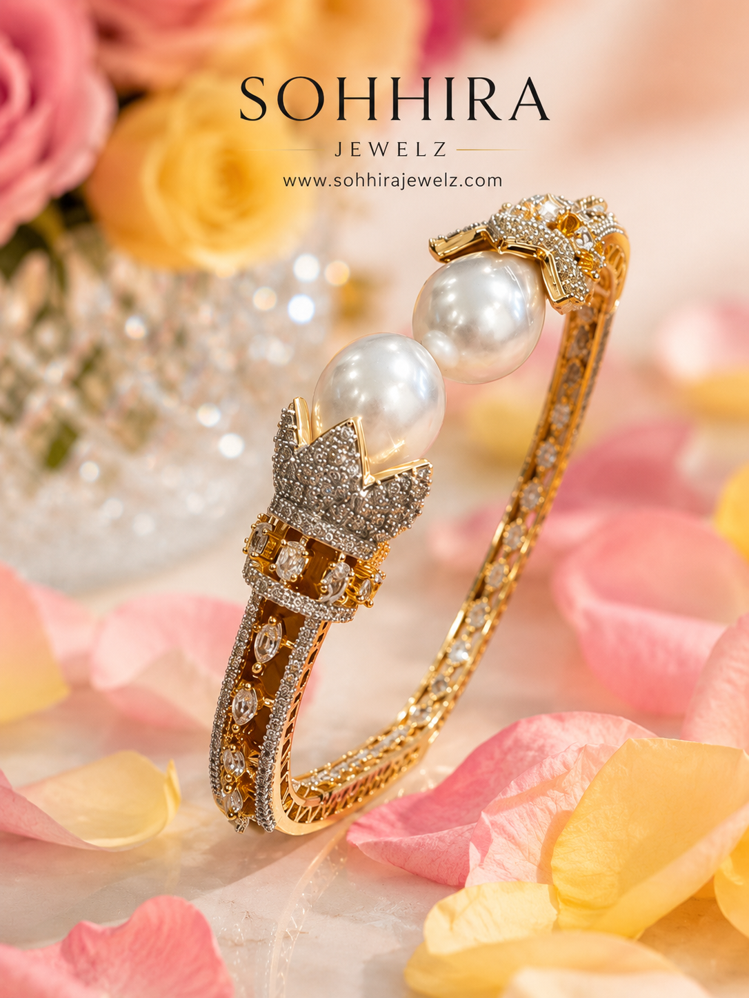 Pearl Crown Gold Cuff Bracelet