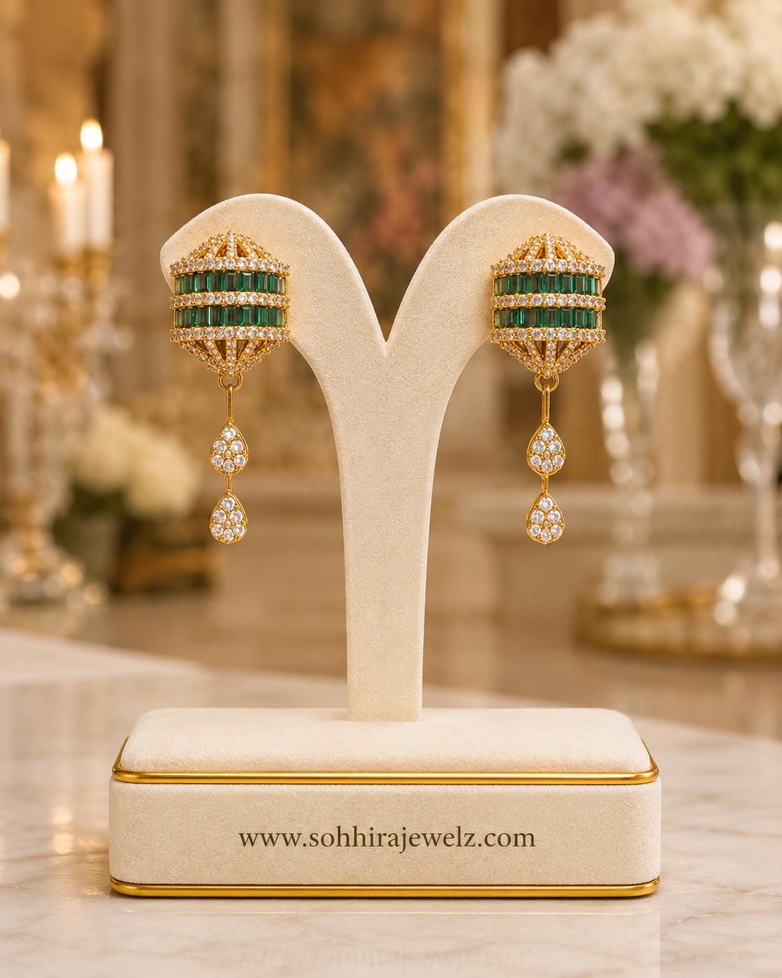 Model wearing Emerald Lantern Diamond Necklace Set with ivory outfit - close up front view