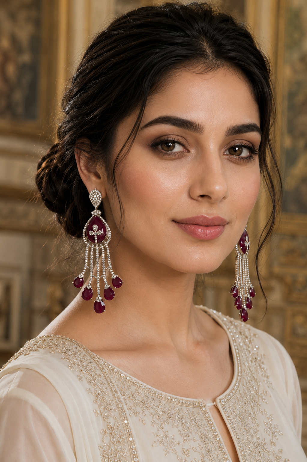 Ruby Cascade Diamond Chandelier Earrings product flat lay on white background