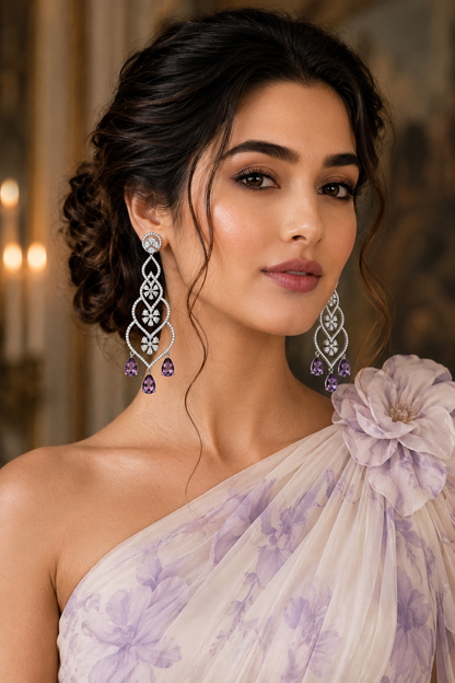 Model wearing Violet Reverie Diamond Chandelier Earrings - close up front view