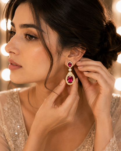 Ruby Oval Gold Drop Earrings