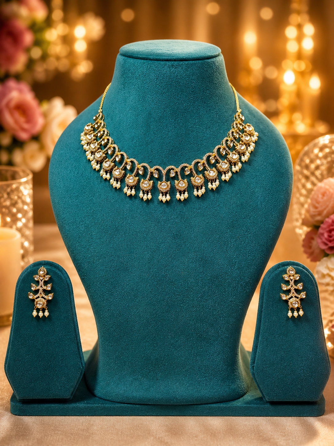 Pearl Cascade Polki Necklace Set