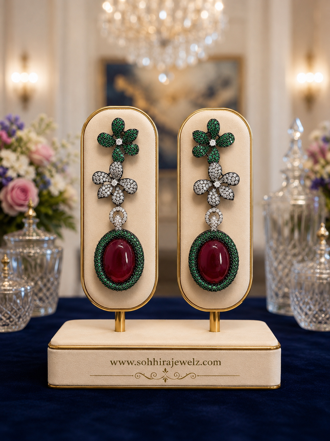 Emerald Garden Ruby Drop Earrings on luxury cream display stand