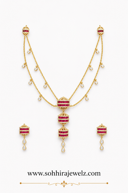 Ruby Lantern Diamond Necklace Set product flat lay on white background