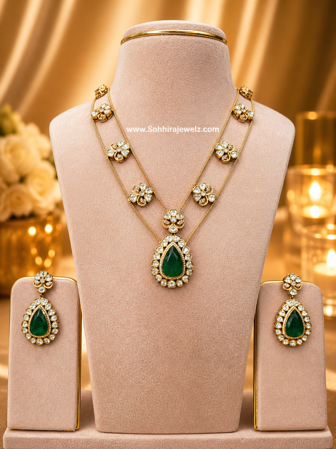 Emerald Kundan Double Layer Necklace & Earring Set