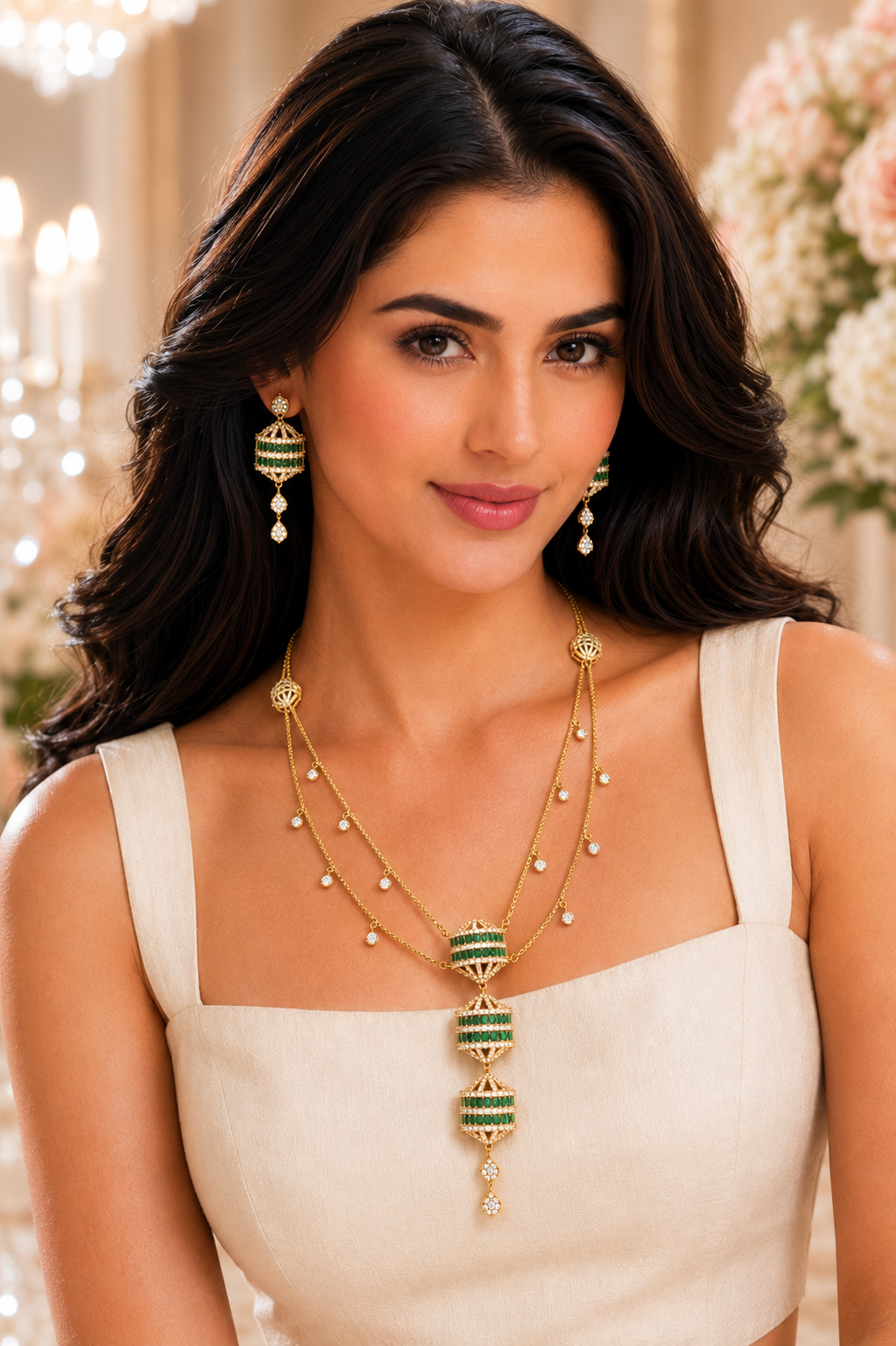 Emerald Lantern Diamond Necklace Set matching earrings on luxury cream Y-stand close up