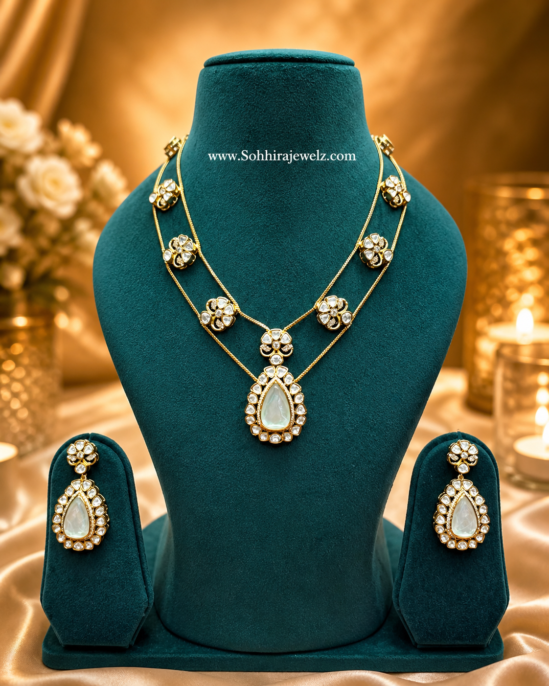 Moonstone Polki Double Layer Necklace & Earring Set