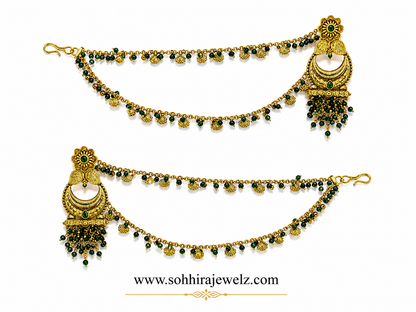 Emerald Chandbali Hair Chain Earrings
