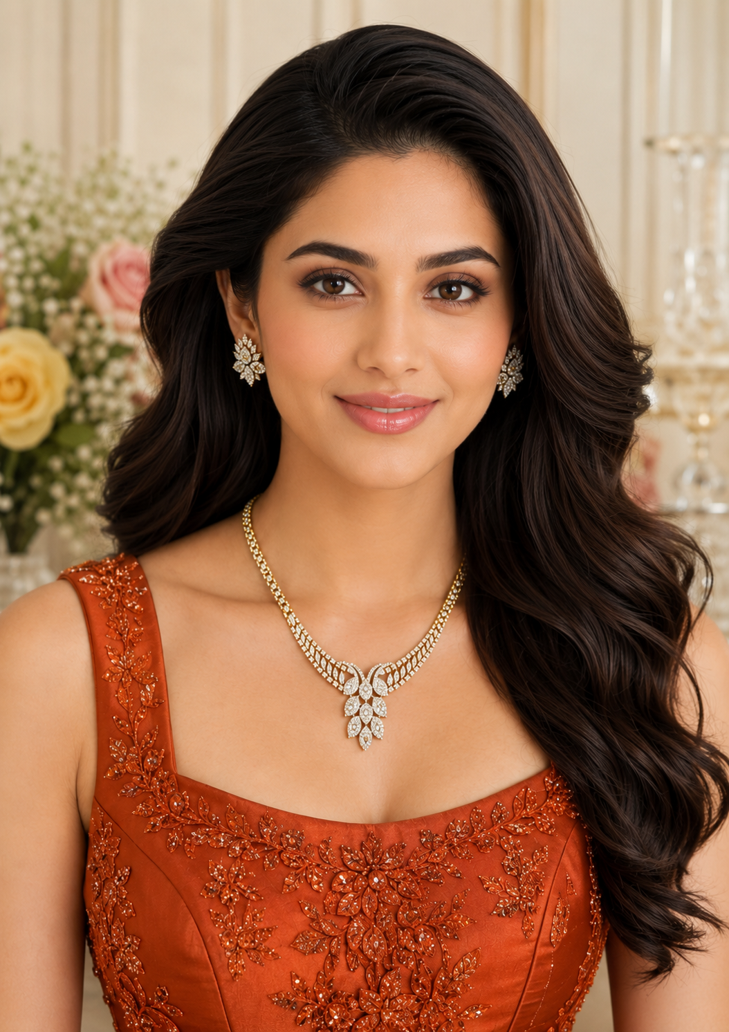 Cascade Diamond Y-Drop Necklace Set on luxury purple velvet display stand