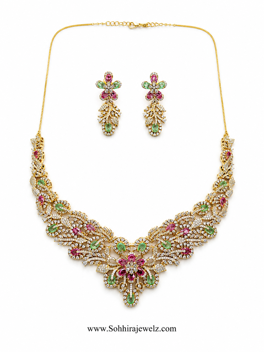 Floral Multicolour Diamond Necklace and Earring