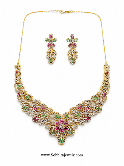 Floral Multicolour Diamond Necklace and Earring