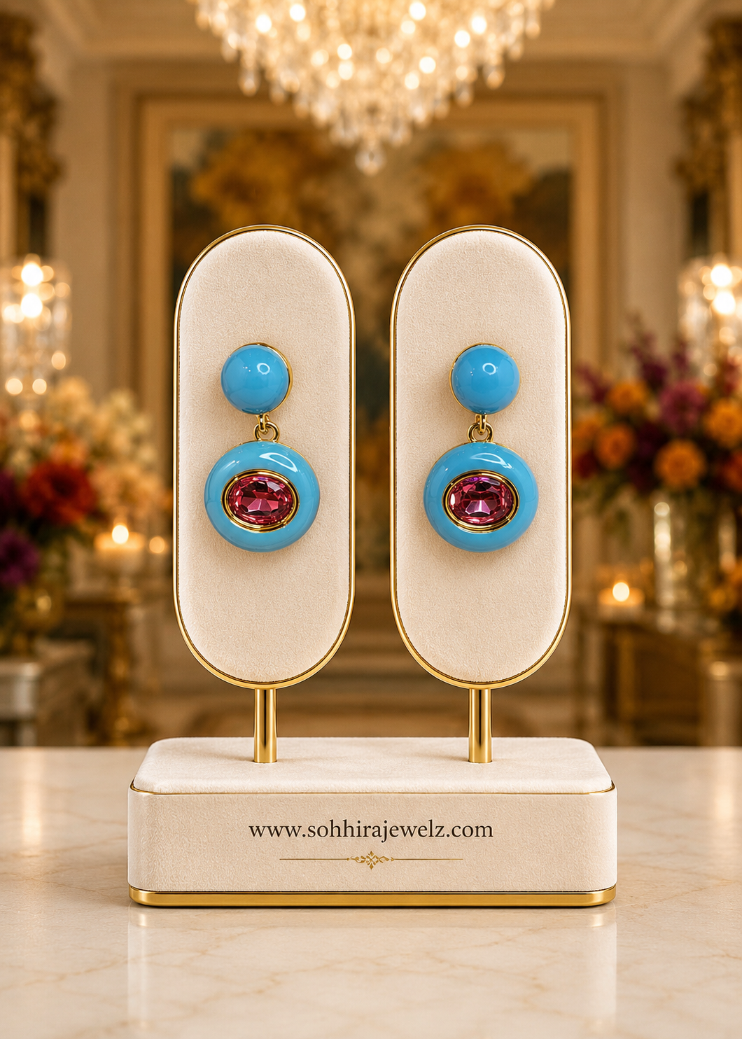 Turquoise Enamel Ruby Drop Earrings size chart - length 2.4cm breadth 2.2cm