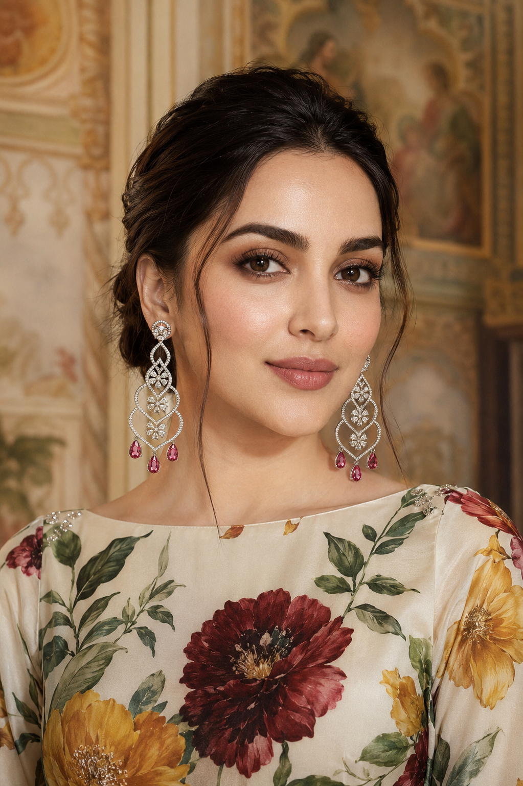 Model wearing Crimson Cascade Diamond Chandelier Earrings - front view
