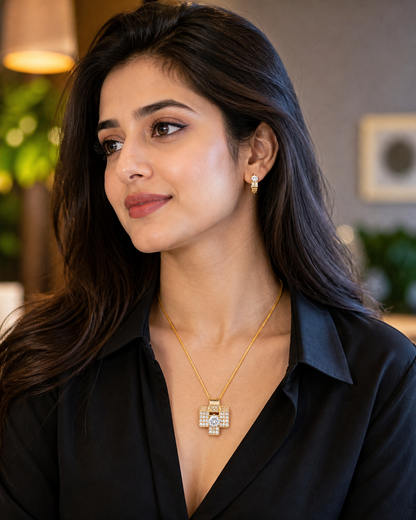 Gold Cross Zirconia Pendant & Earring Set