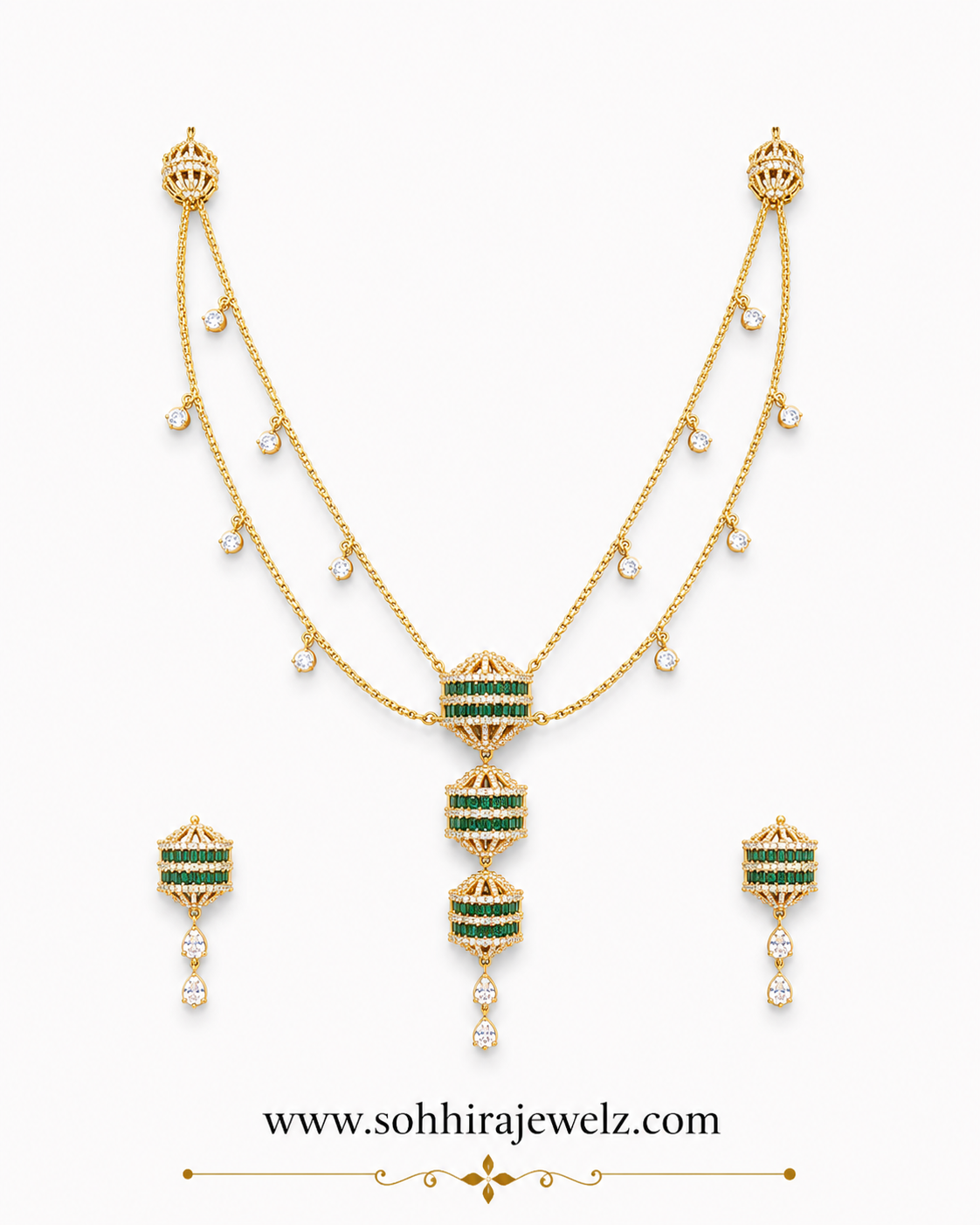 Emerald Lantern Diamond Necklace Set full set flat lay on white background