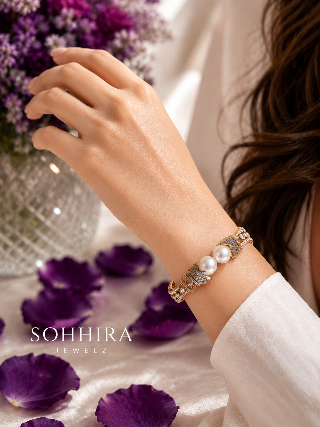 Pearl Crown Gold Cuff Bracelet