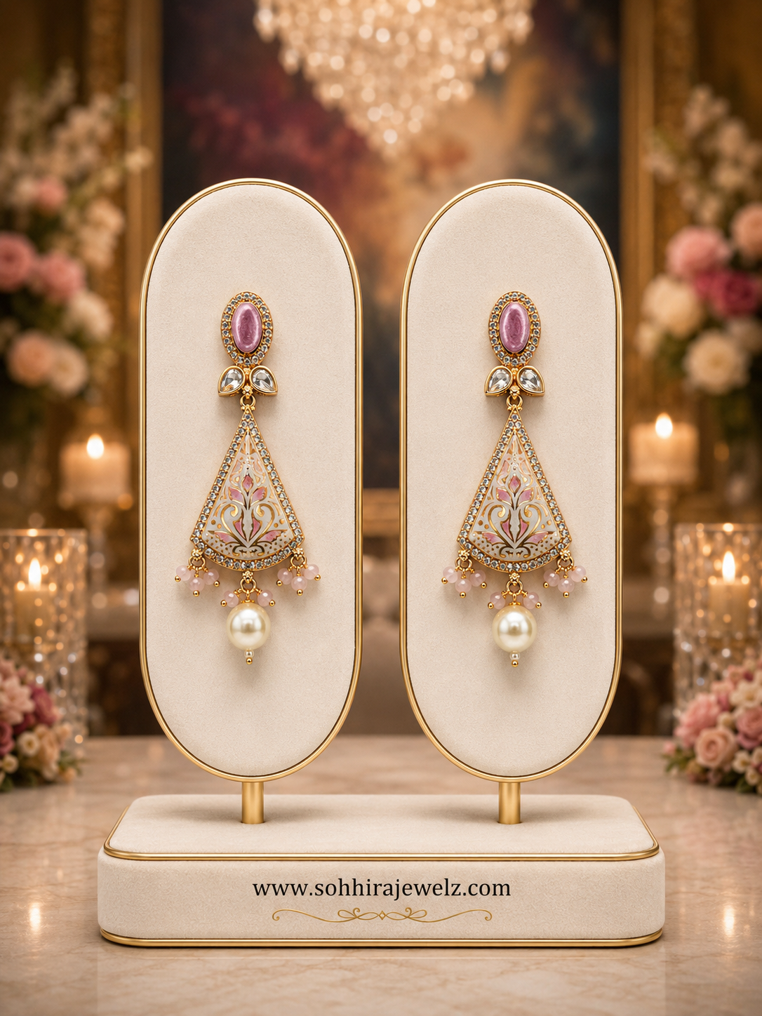 Gulbahar Meenakari Pearl Drop Earrings on luxury cream gold display stand