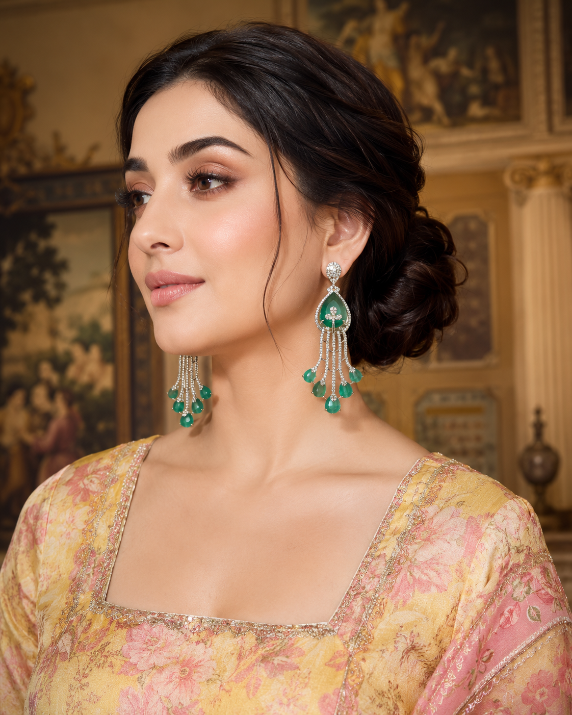 Emerald Cascade Diamond Chandelier Earrings White Gold on luxury cream oval display stands with candles