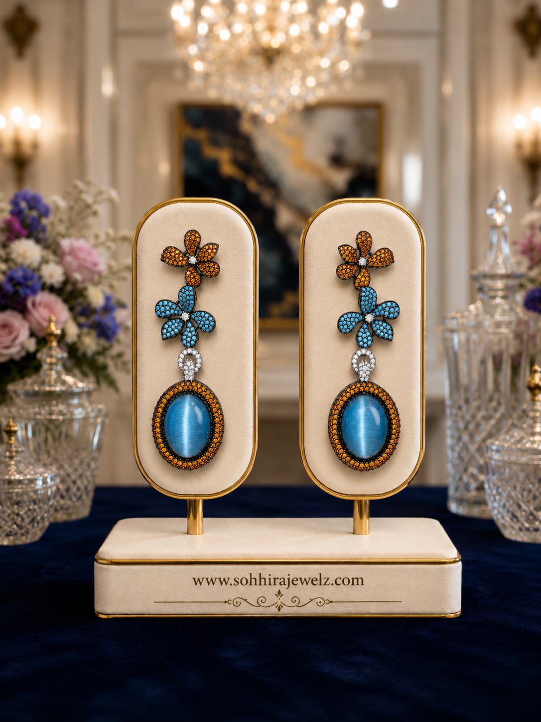 Azure Bloom Cat's Eye Drop Earrings on luxury cream display stand