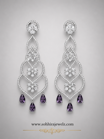 Model wearing Violet Reverie Diamond Chandelier Earrings - side profile with saree